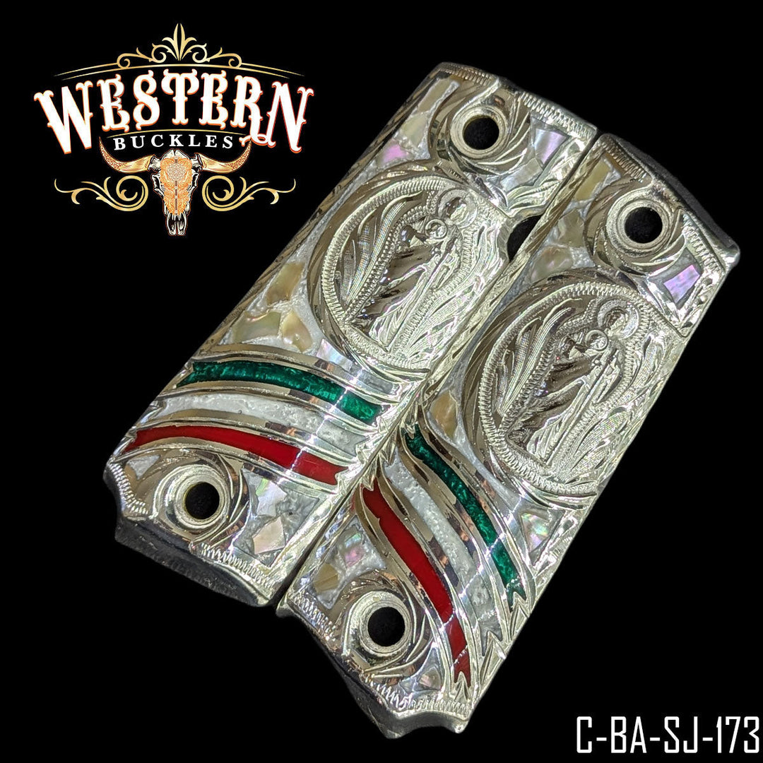 1911 San Judas Gun Grips — Detail View | Western Buckles Handcrafted | SKU C-BA-SJ-173