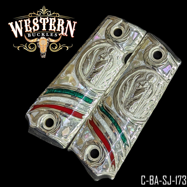 1911 San Judas Gun Grips — Detail View | Western Buckles Handcrafted | SKU C-BA-SJ-173