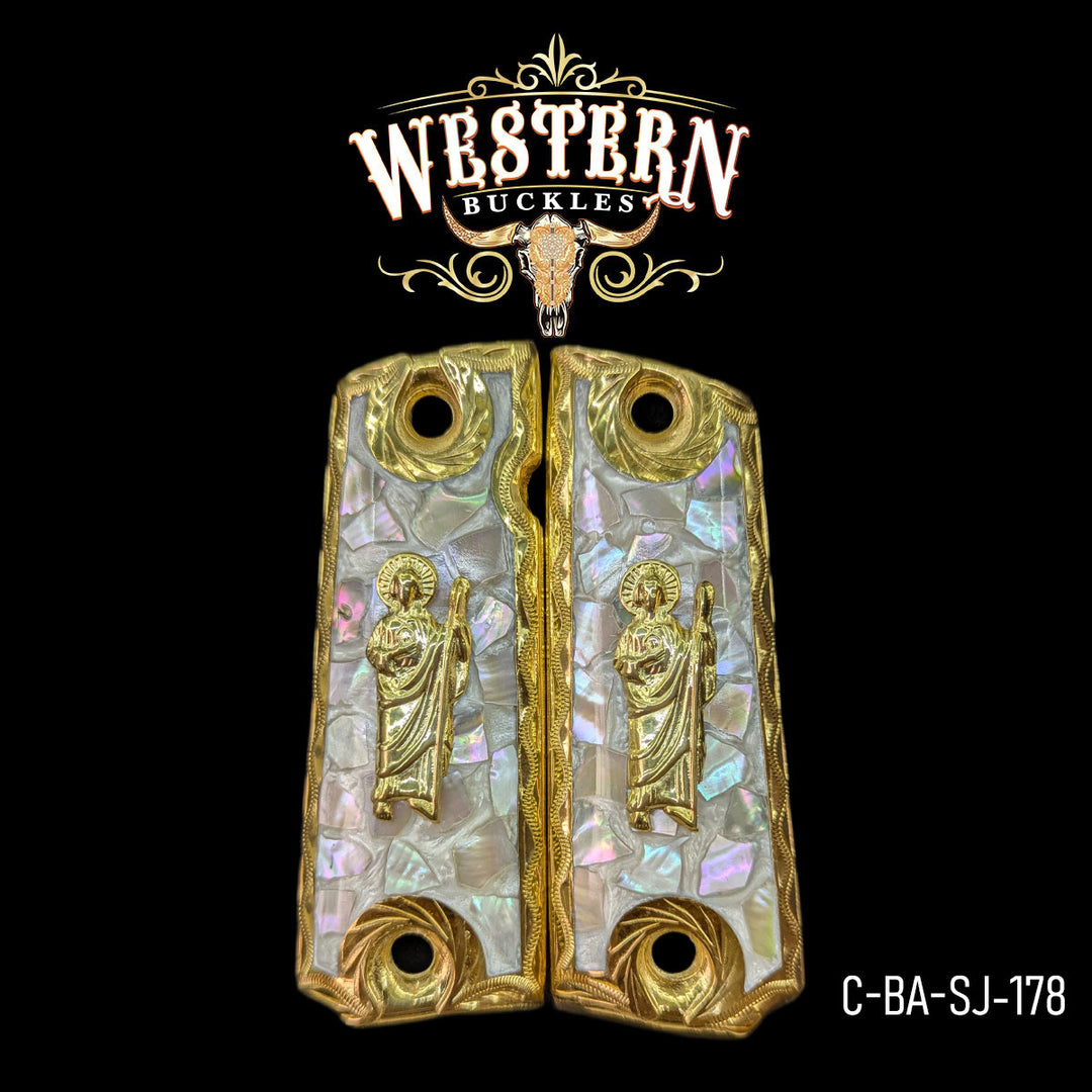 San Judas Custom Grips for Colt 1911 Full-Size — 24K Gold-Plated with Mother-of-Pearl &amp; Artisan Resin