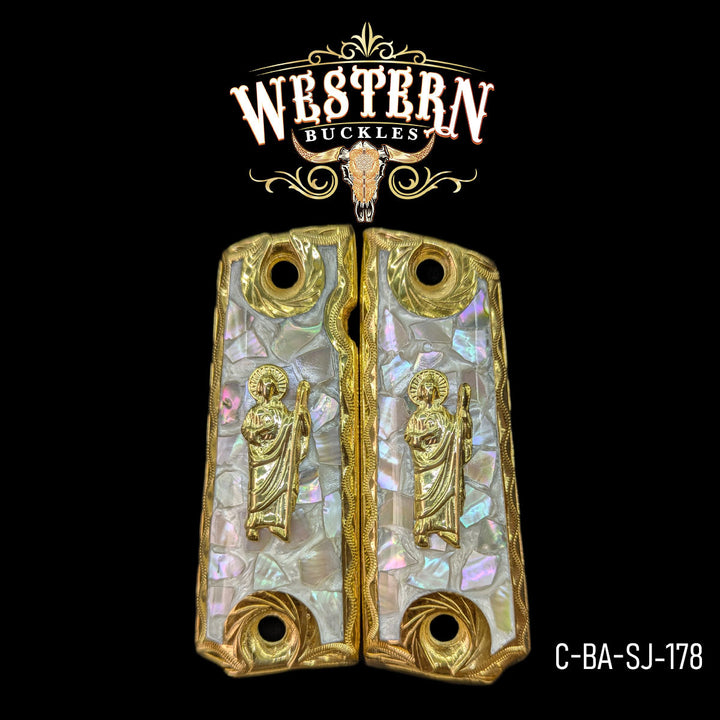San Judas Custom Grips for Colt 1911 Full-Size — 24K Gold-Plated with Mother-of-Pearl &amp; Artisan Resin