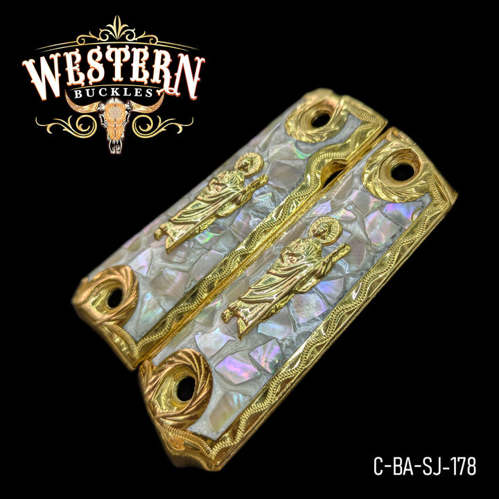 San Judas Custom Grips for Colt 1911 Full-Size — 24K Gold-Plated with Mother-of-Pearl &amp; Artisan Resin