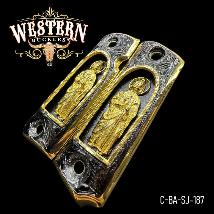 1911 Saint Jude Cachas — Nickel — Detail View | Western Buckles Handcrafted | SKU C-BA-SJ-187
