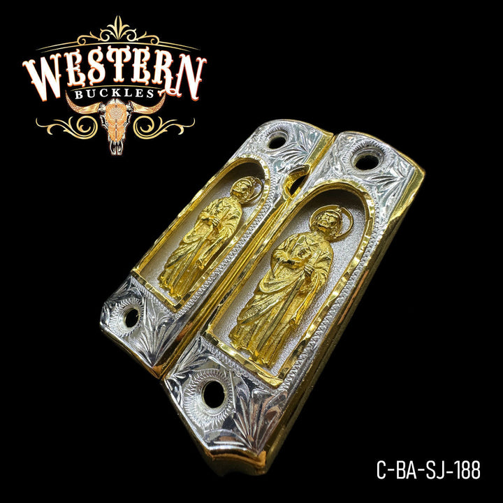 1911 San Judas Cachas — 24K Gold Plated — Detail View | Western Buckles Handcrafted | SKU C-BA-SJ-188