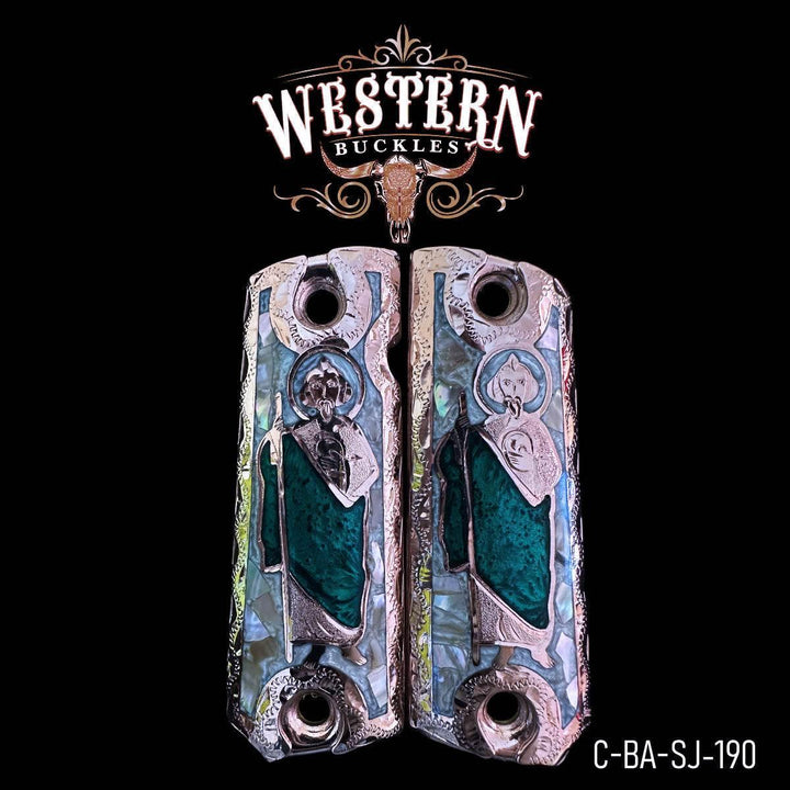 Custom engraved pistol grips with green inlay and saint figure design, product code C-BA-SJ-190.