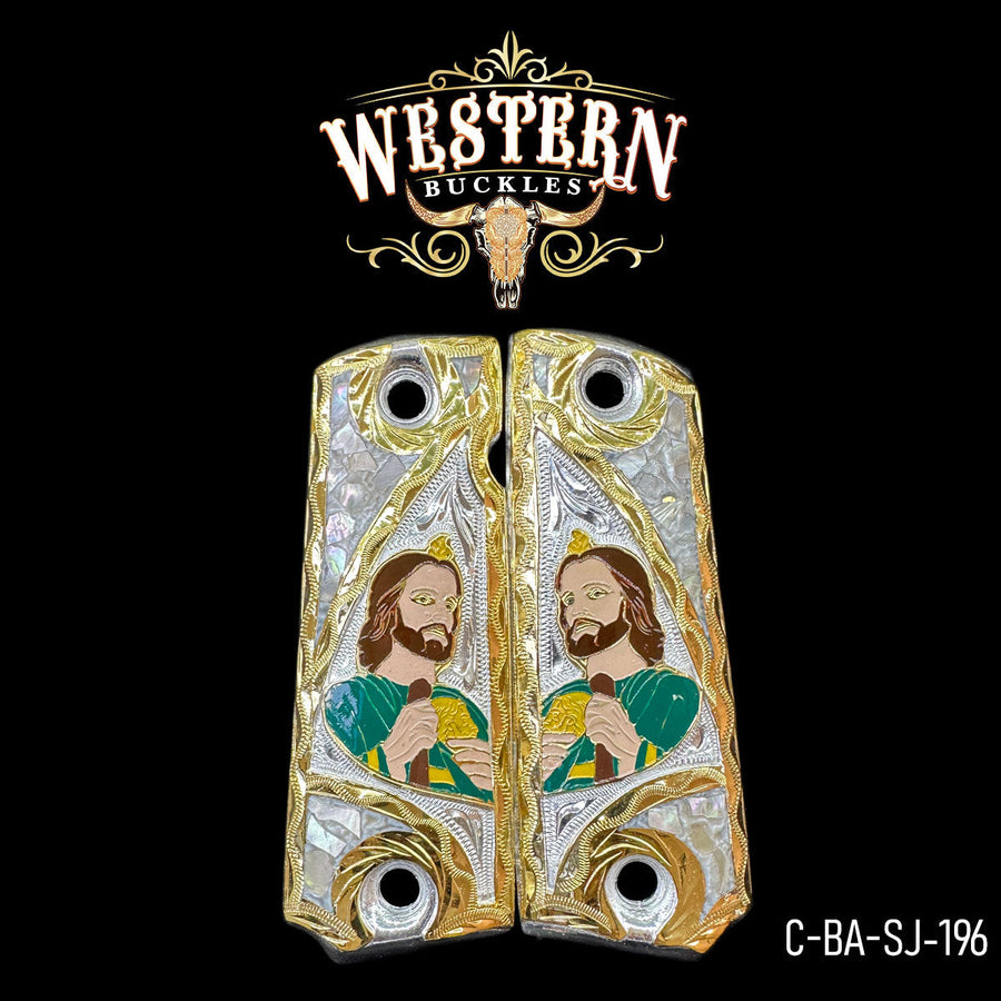 San Judas Custom Grips for Colt 1911 Full-Size — 24K Gold-Plated & Silver-Plated with Mother-of-Pearl