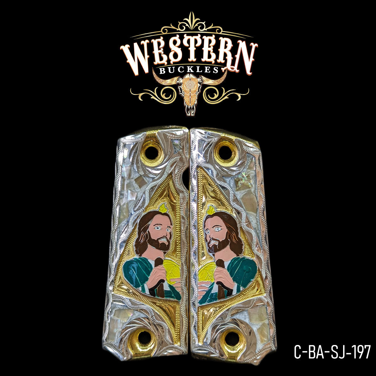 Cacha Colt 1911 San Judas Rameado Oro/Plata y Resina