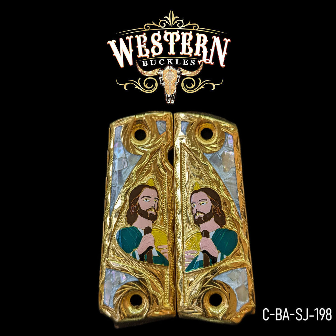 1911 Saint Jude Gun Grips — Artisan Resin | 24K Gold Plated | Handcrafted by Western Buckles | SKU C-BA-SJ-198