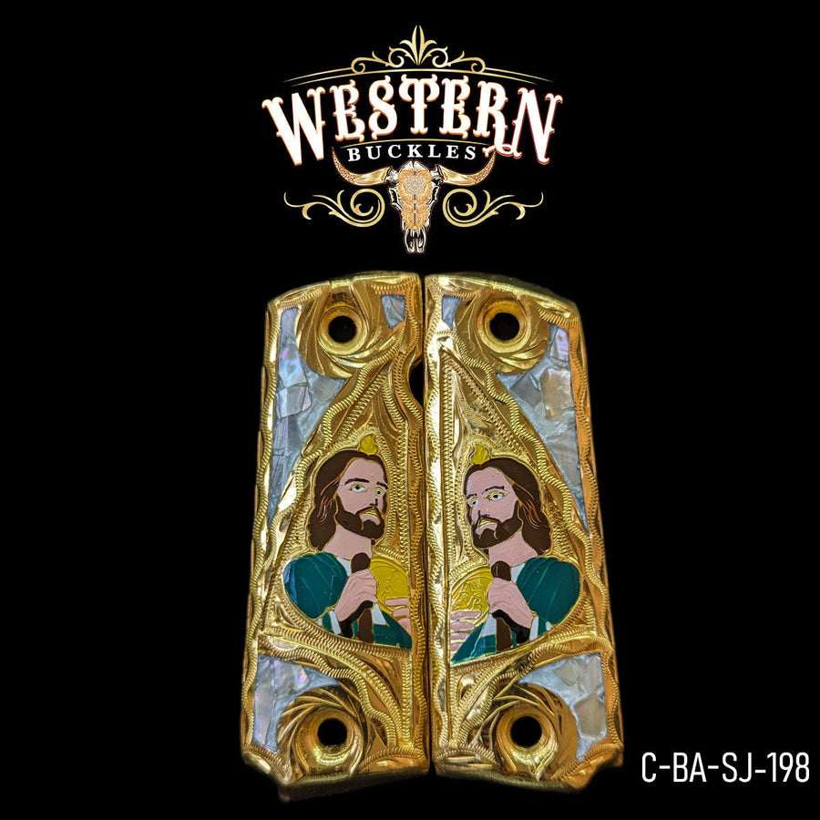 San Judas Custom Grips for Colt 1911 Full-Size — 24K Gold-Plated & Silver-Plated with Mother-of-Pearl