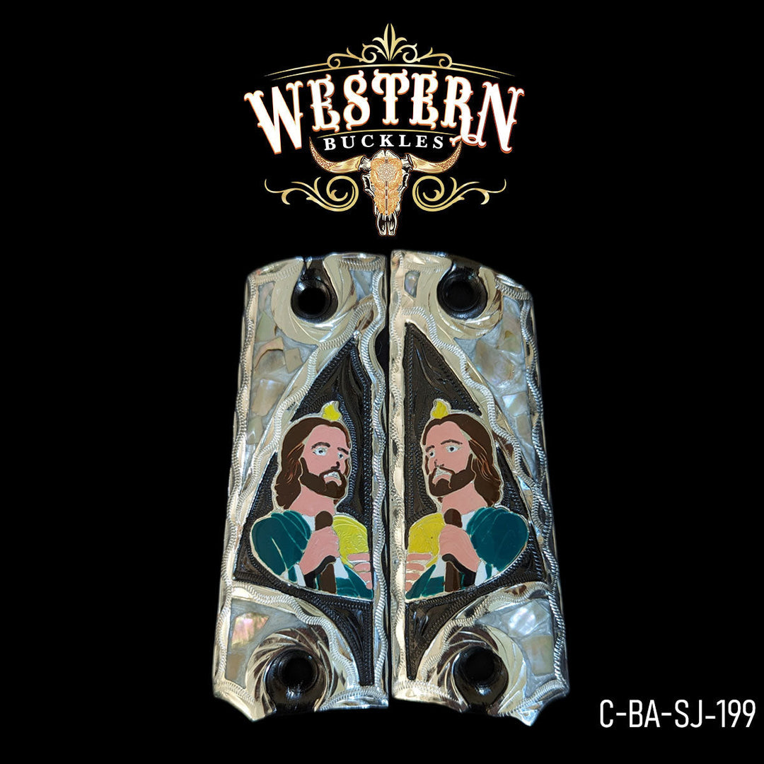 1911 Saint Jude Gun Grips — .925 Silver Plated & Black Nickel | Handcrafted by Western Buckles | SKU C-BA-SJ-199