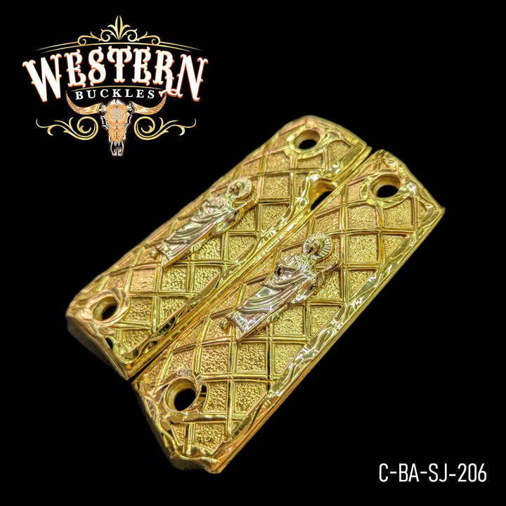 Saint Jude Gun Grips — Hand-Engraved — Detail View | Western Buckles Handcrafted | SKU C-BA-SJ-206