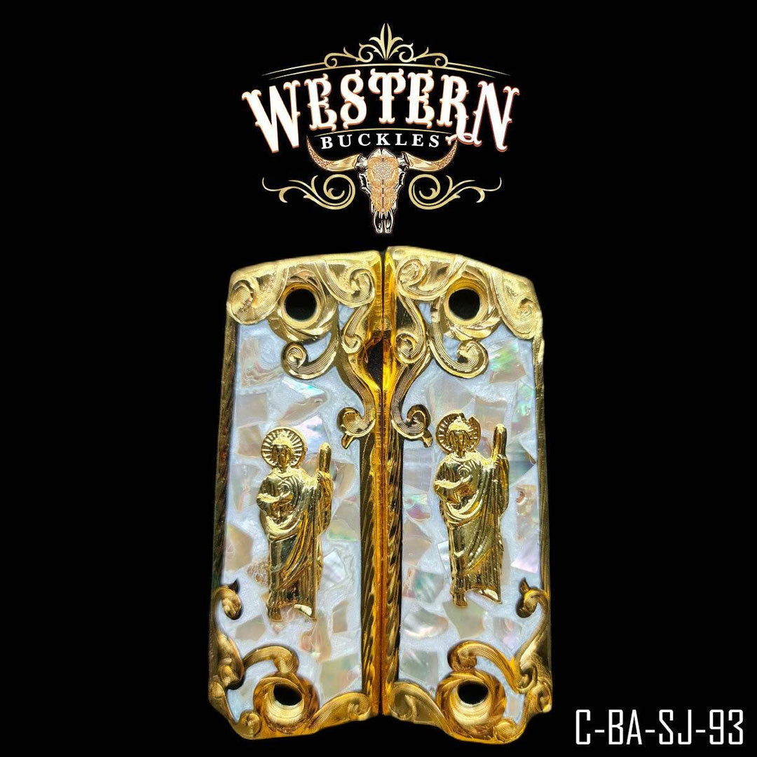 Custom Colt 1911 pearl and gold grips with religious figure design, ornate detail, model C-BA-SJ-93