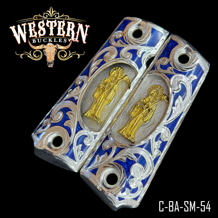 1911 Santa Muerte Gun Grips — Detail View | Western Buckles Handcrafted | SKU C-BA-SM-54