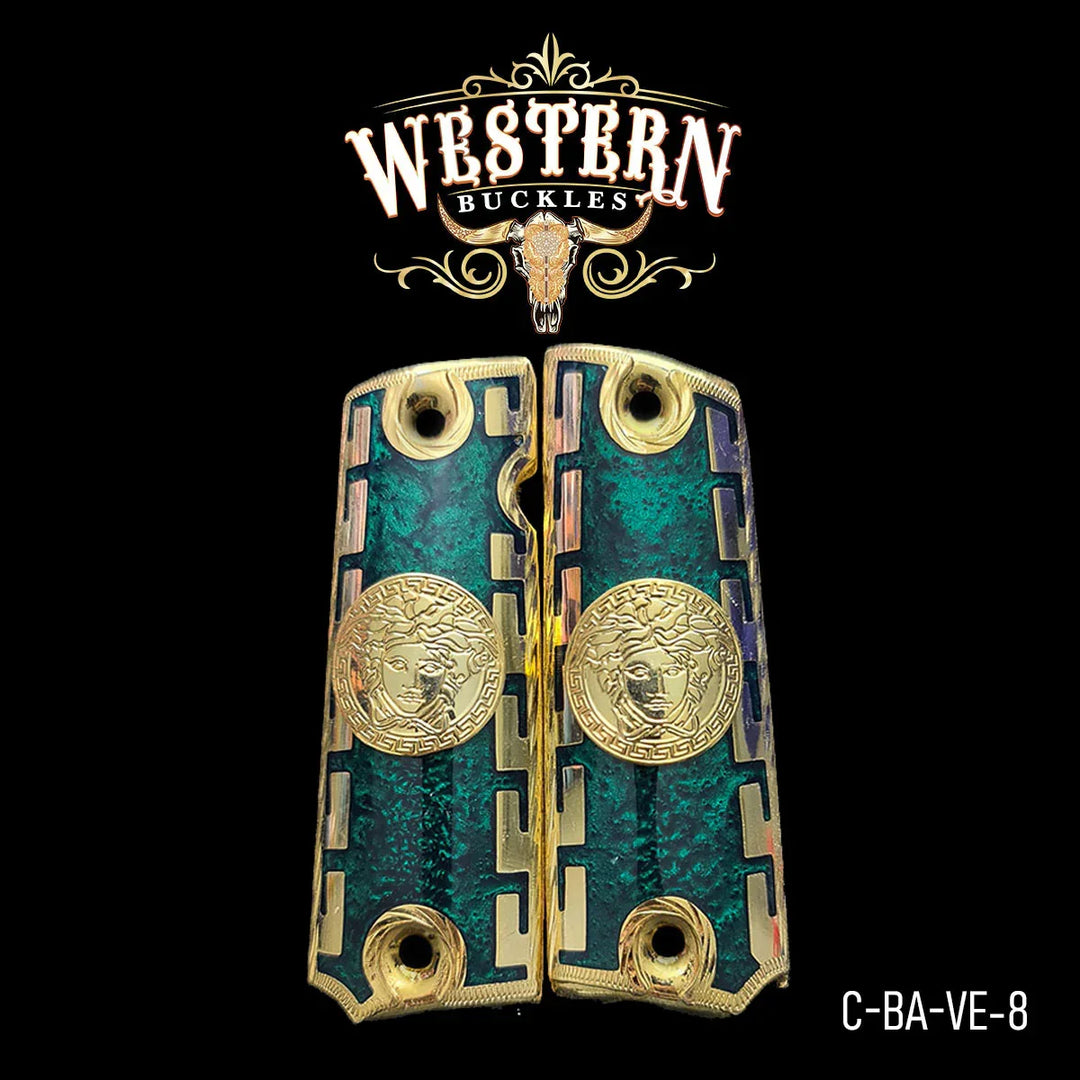 Custom gold and green 1911 pistol grips with engraved medallion design, stylish gun accessory.