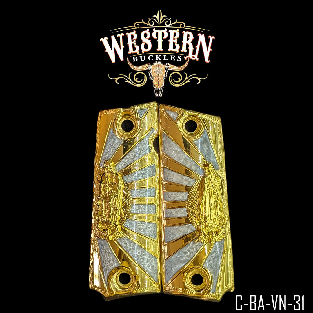 1911 Virgin of Guadalupe Cachas — Artisan Resin | 24K Gold Plated | Handcrafted by Western Buckles | SKU C-BA-VN-31