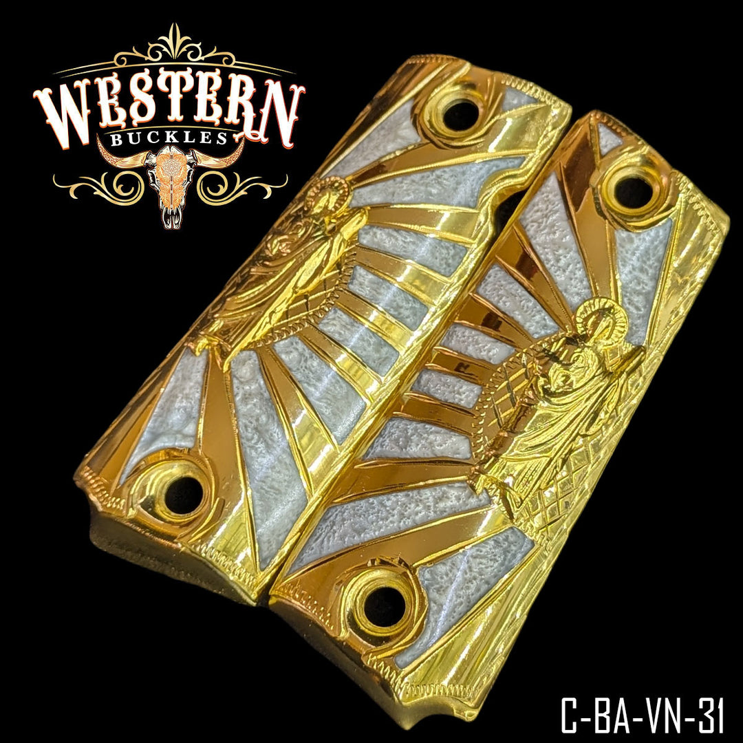 1911 Virgin of Guadalupe Cachas — Artisan Resin | 24K Gold Plated — Detail View | Western Buckles Handcrafted | SKU C-BA-VN-31