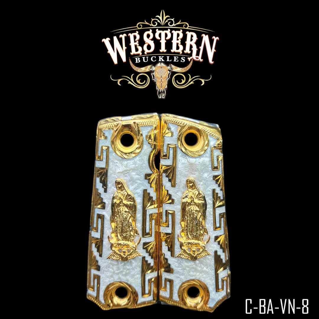 1911 Virgin of Guadalupe Cachas — Artisan Resin | 24K Gold Plated | Handcrafted by Western Buckles | SKU C-BA-VN-8