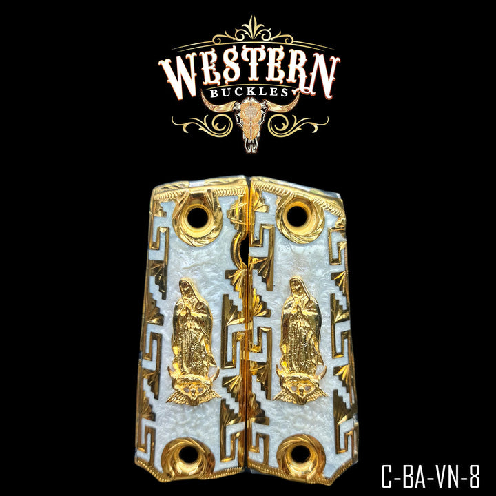 1911 Virgin of Guadalupe Cachas — Artisan Resin | 24K Gold Plated | Handcrafted by Western Buckles | SKU C-BA-VN-8