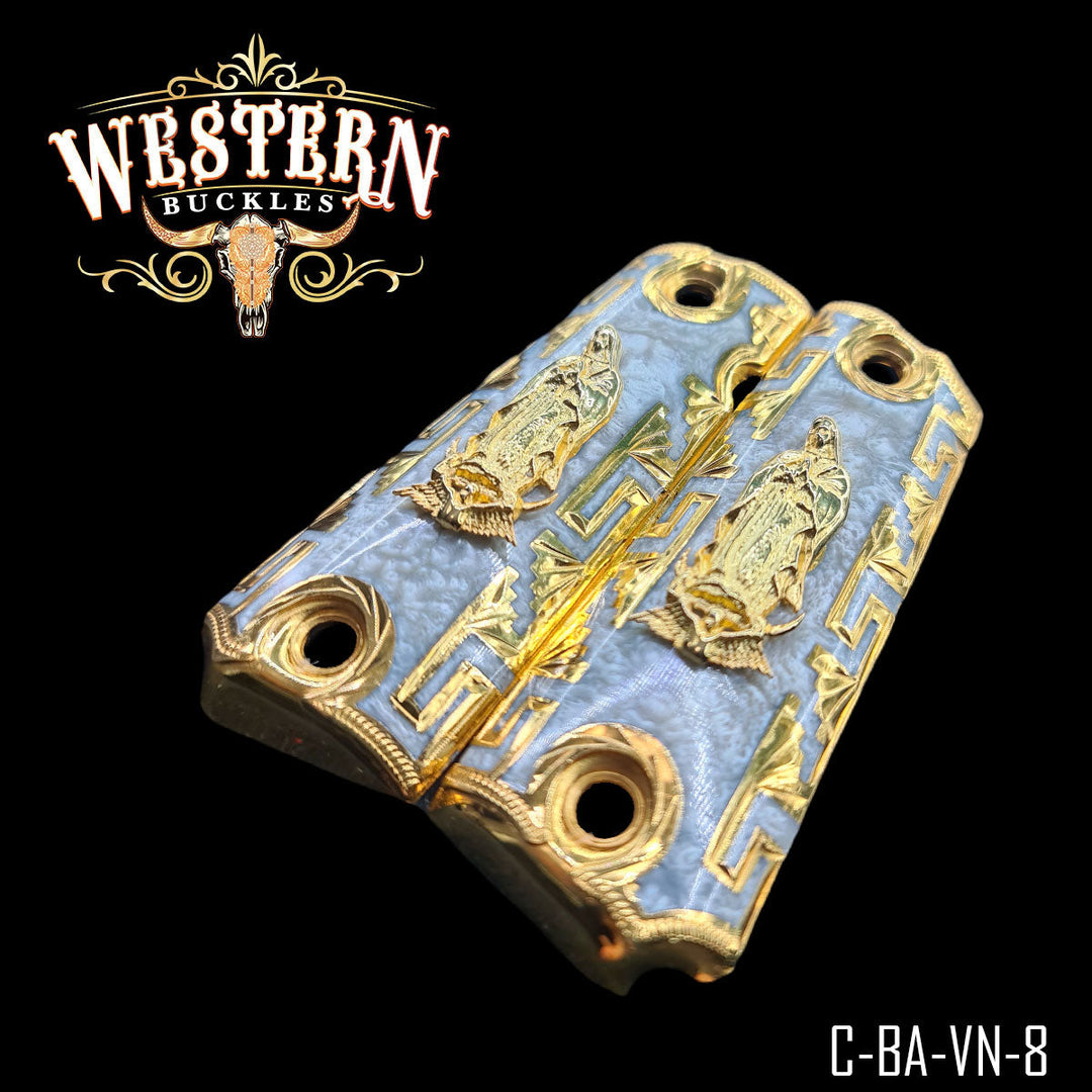 1911 Virgin of Guadalupe Cachas — Artisan Resin | 24K Gold Plated — Detail View | Western Buckles Handcrafted | SKU C-BA-VN-8