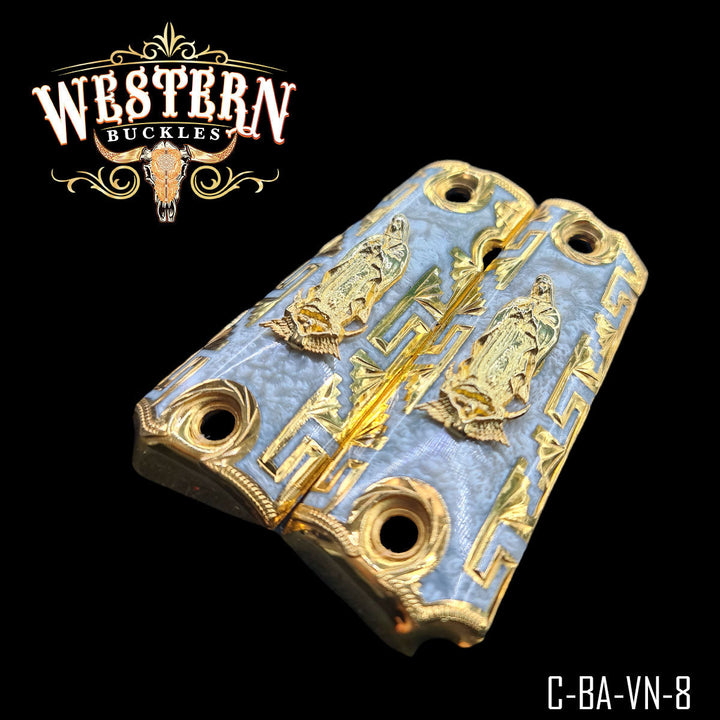 1911 Virgin of Guadalupe Cachas — Artisan Resin | 24K Gold Plated — Detail View | Western Buckles Handcrafted | SKU C-BA-VN-8