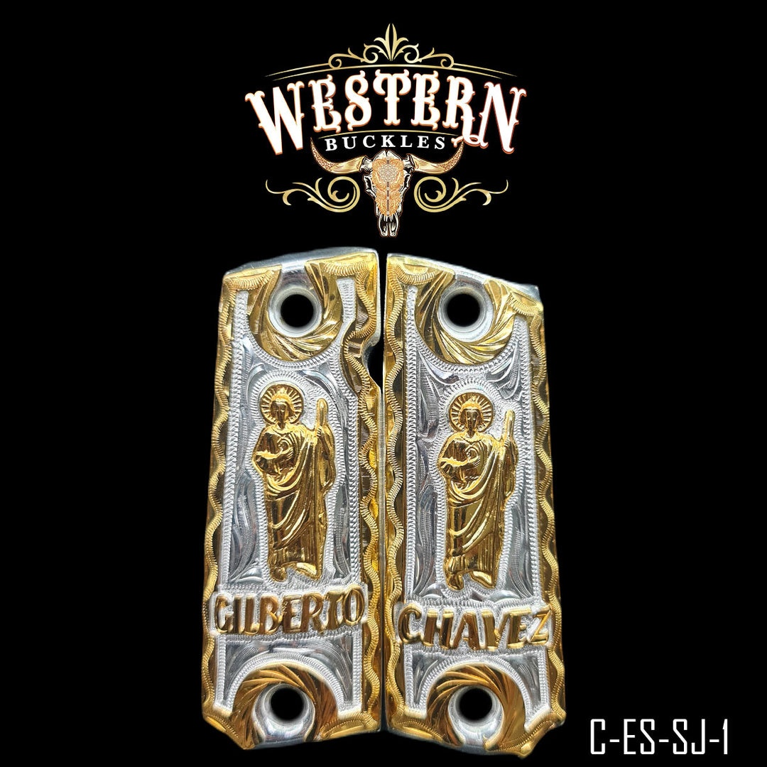 1911 Saint Jude Gun Grips — Hand-Engraved | Handcrafted by Western Buckles | SKU C-ES-SJ-1