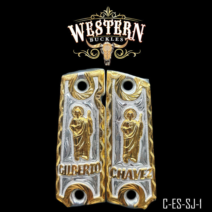 1911 Saint Jude Gun Grips — Hand-Engraved | Handcrafted by Western Buckles | SKU C-ES-SJ-1