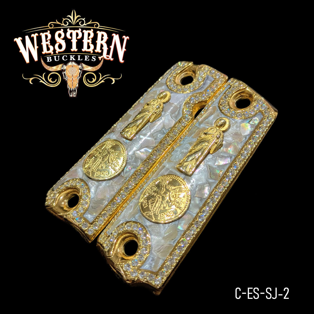 Custom Colt 1911 pistol grips with gold Saint Jude and coin details, pearl and crystal accents