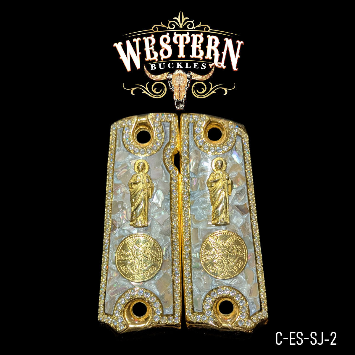 Custom 1911 pistol grips with gold religious figures and coin details on mother-of-pearl background