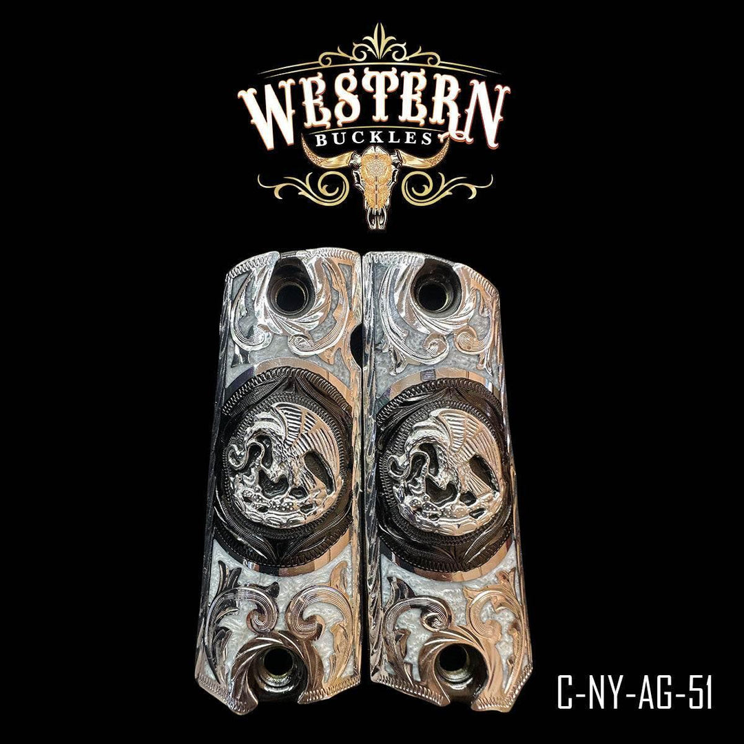 Engraved silver 1911 pistol grips with eagle design, custom western pistol accessories.