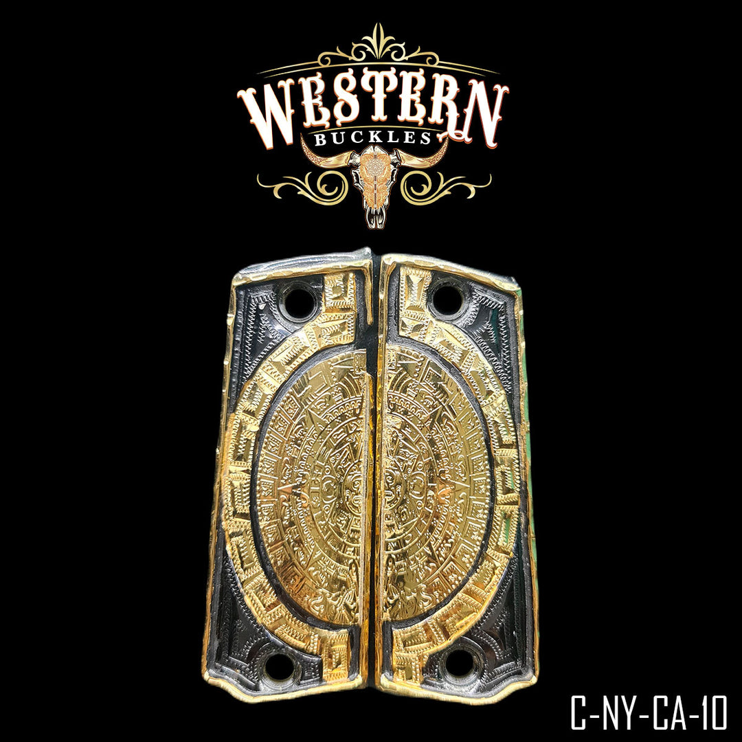 1911 Aztec Calendar Cachas — Hand-Engraved | 24K Gold Plated | Handcrafted by Western Buckles | SKU C-NY-CA-10