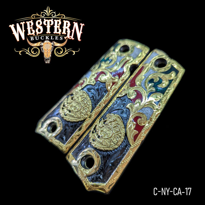 1911 Aztec Calendar Cachas — Hand-Engraved | Black Nickel — Detail View | Western Buckles Handcrafted | SKU C-NY-CA-17