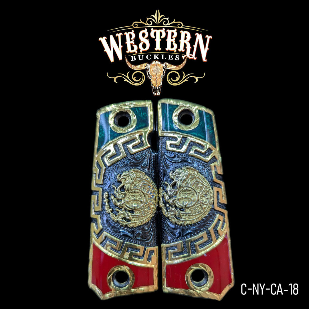 1911 Aztec Calendar Cachas — Artisan Resin | Handcrafted by Western Buckles | SKU C-NY-CA-18