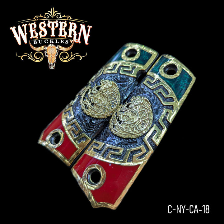 1911 Aztec Calendar Cachas — Artisan Resin — Detail View | Western Buckles Handcrafted | SKU C-NY-CA-18