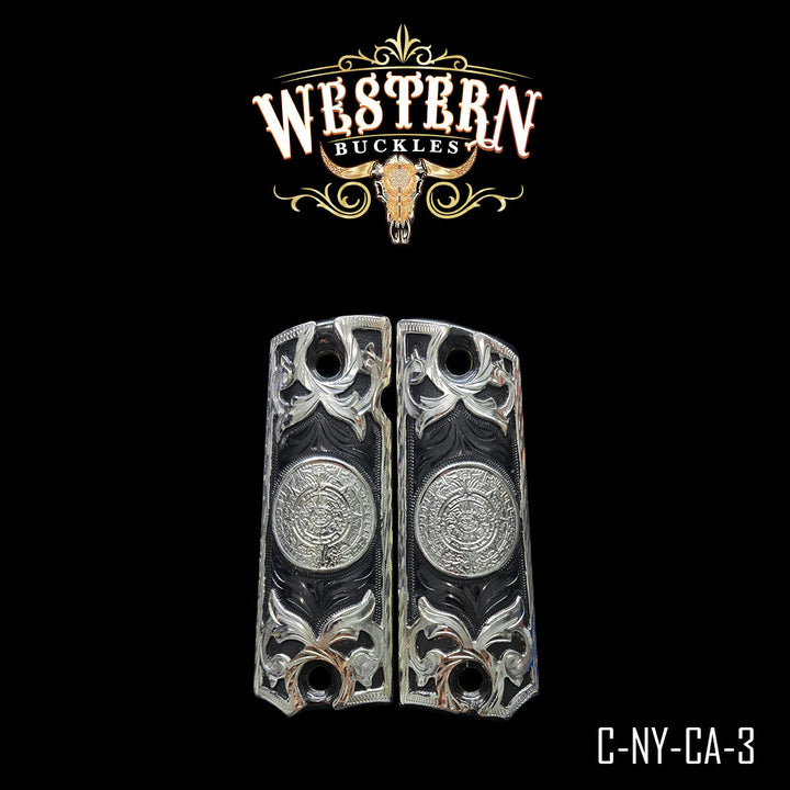 1911 Aztec Calendar Gun Grips — Hand-Engraved | .925 Silver Plated &amp; Black Nickel | Handcrafted by Western Buckles | SKU C-NY-CA-3