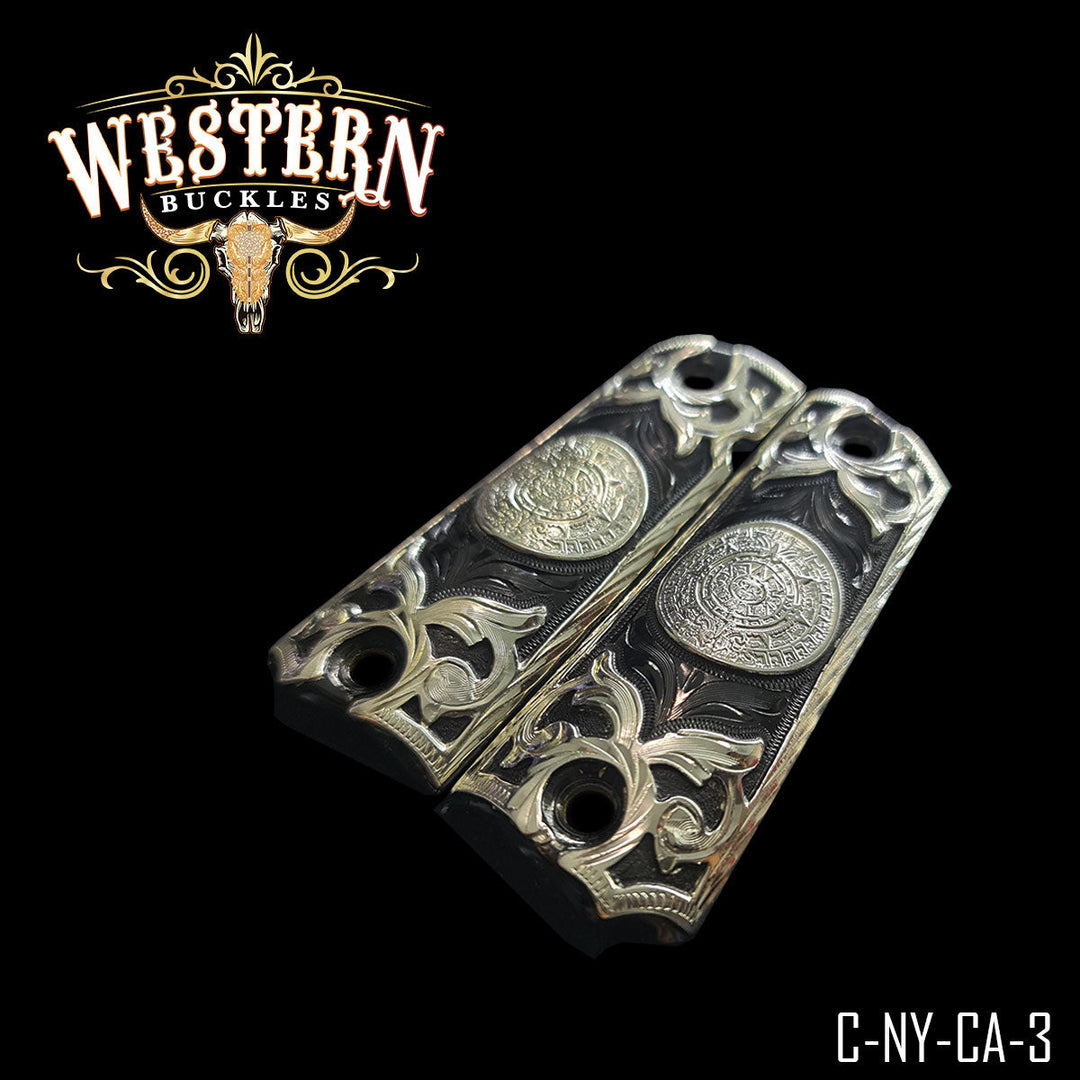 1911 Aztec Calendar Gun Grips — Hand-Engraved | .925 Silver Plated &amp; Black Nickel — Detail View | Western Buckles Handcrafted | SKU C-NY-CA-3