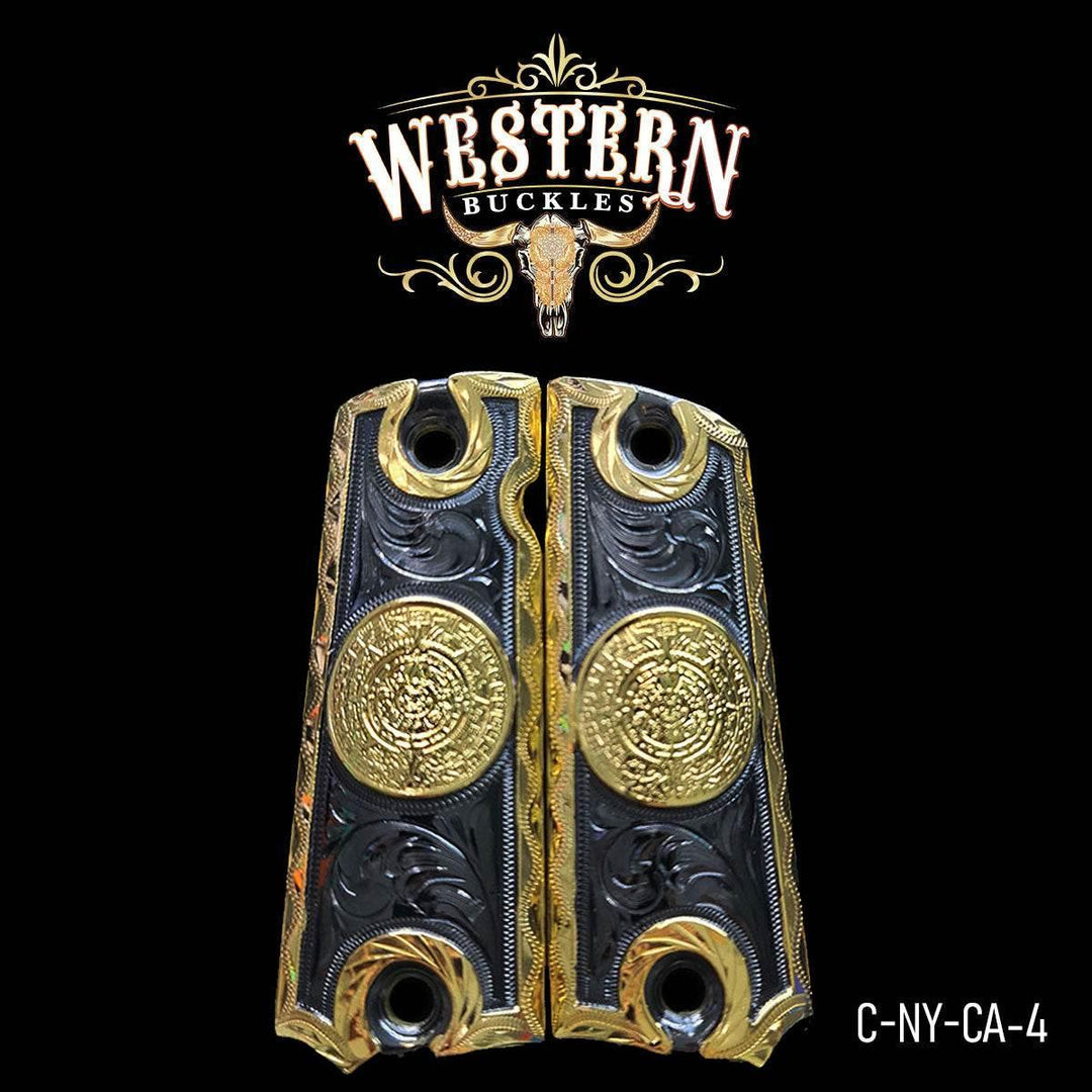 Custom engraved black and gold Colt 1911 pistol grips with Aztec design on black background