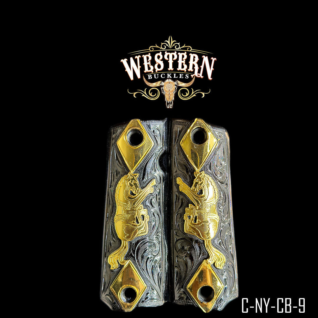 1911 Horse Cachas — 24K Gold Plated &amp; Black Nickel | Handcrafted by Western Buckles | SKU C-NY-CB-9