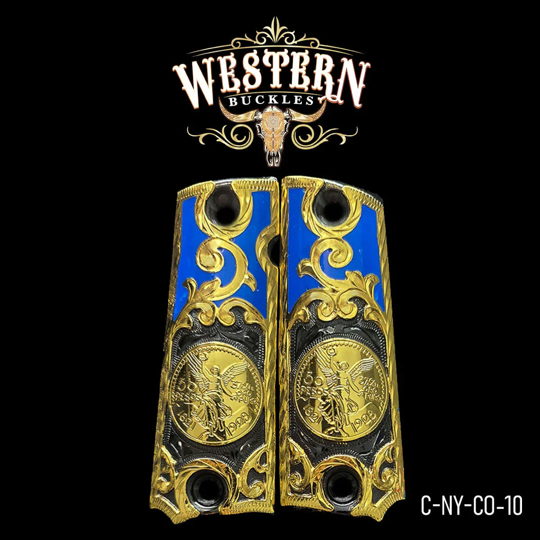 Decorative blue and gold Colt 1911 pistol grips with coin detail, western style design
