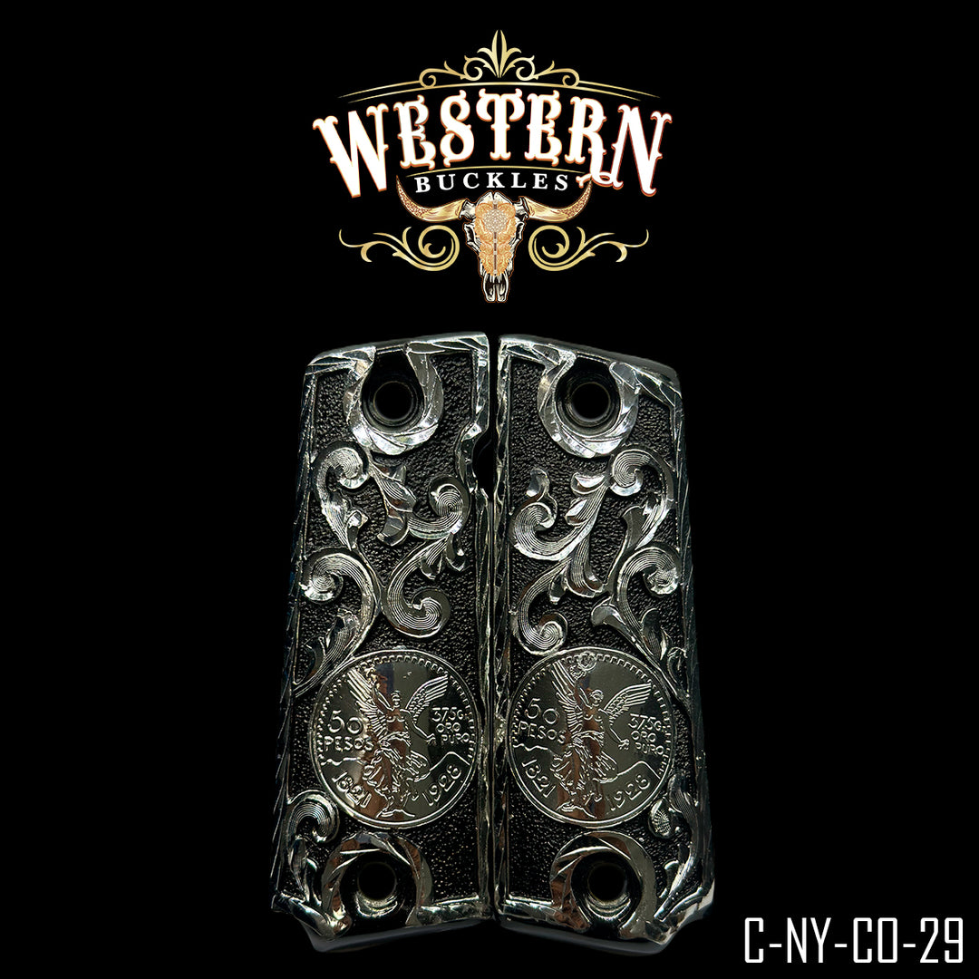 1911 Fullsize Centenario Gun Grips — .925 Silver Plated | Handcrafted by Western Buckles | SKU C-NY-CO-29