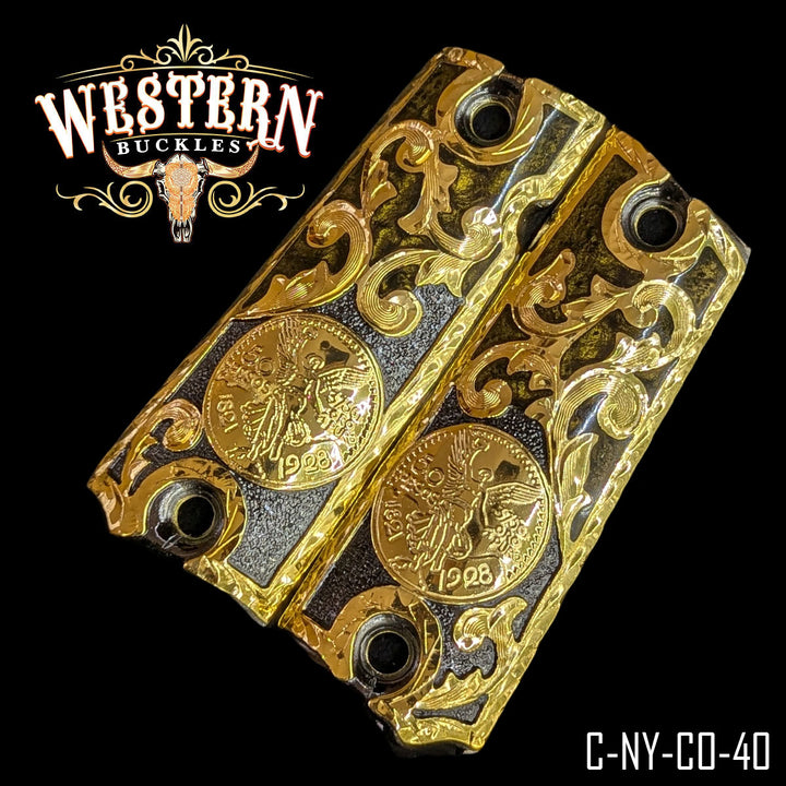 1911 Centenario Cachas — Hand-Engraved — Detail View | Western Buckles Handcrafted | SKU C-NY-CO-40