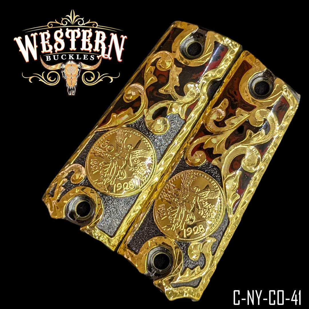 1911 Centenario Cachas — Hand-Engraved — Detail View | Western Buckles Handcrafted | SKU C-NY-CO-41