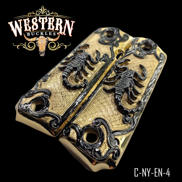 1911 Scorpion Gun Grips — Hand-Engraved — Detail View | Western Buckles Handcrafted | SKU C-NY-EN-4