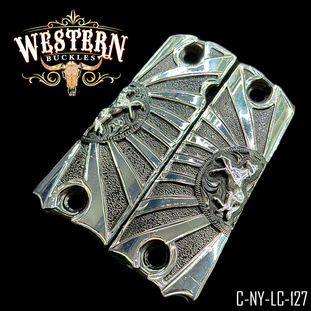 Colt 1911 Horse Cachas — Detail View | Western Buckles Handcrafted | SKU C-NY-LC-127