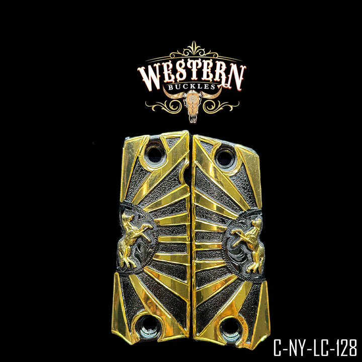 1911 Horse Gun Grips — 24K Gold Plated &amp; Black Nickel | Handcrafted by Western Buckles | SKU C-NY-LC-128