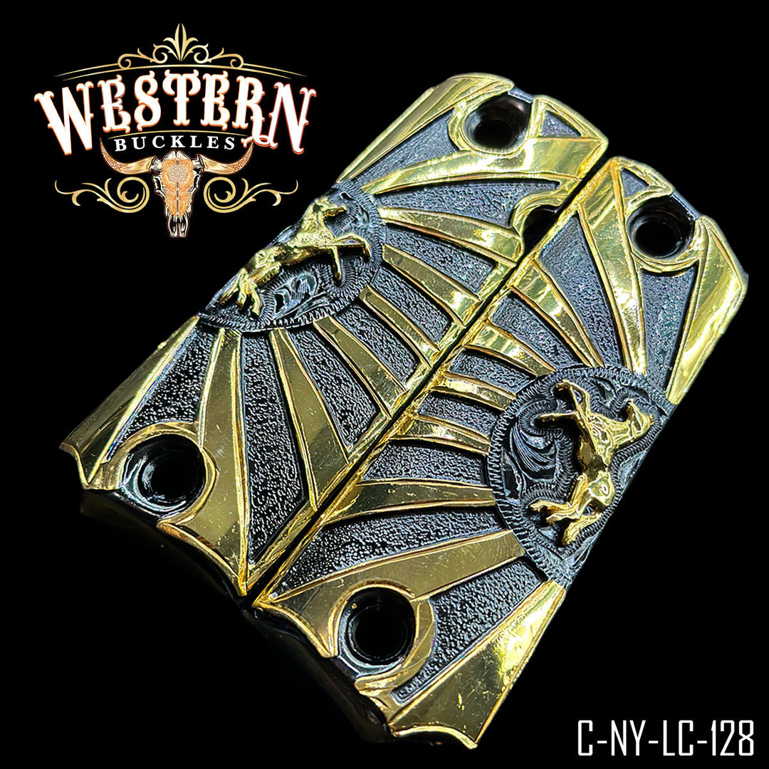 1911 Horse Gun Grips — 24K Gold Plated &amp; Black Nickel — Detail View | Western Buckles Handcrafted | SKU C-NY-LC-128