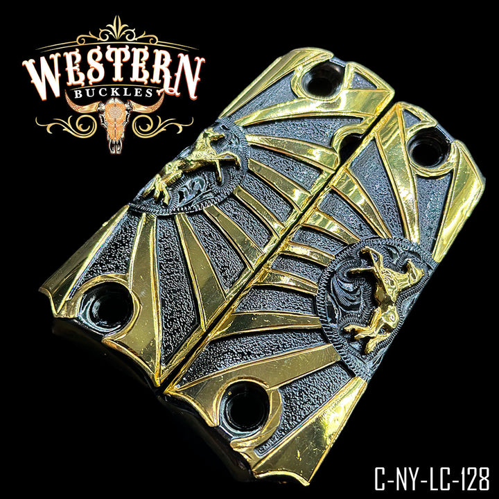 1911 Horse Gun Grips — 24K Gold Plated &amp; Black Nickel — Detail View | Western Buckles Handcrafted | SKU C-NY-LC-128