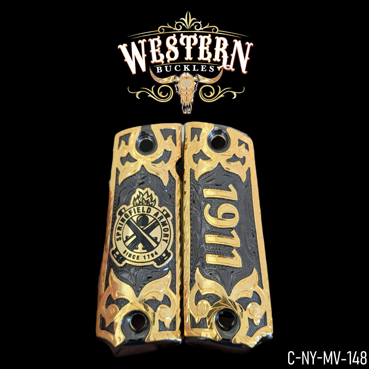 Custom gold and black Colt 1911 pistol grips with Springfield Armory design, engraved details.