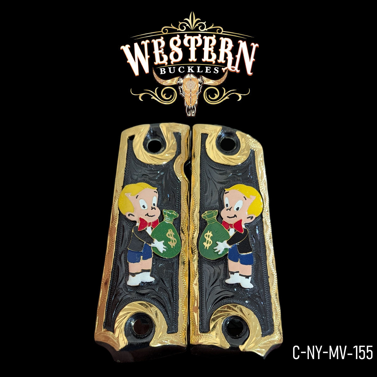 Custom Colt 1911 grips with gold trim, black background, and cartoon boy holding money bag design