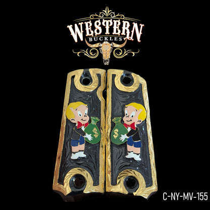 Custom Colt 1911 grips with gold trim, black background, and cartoon boy holding money bag design