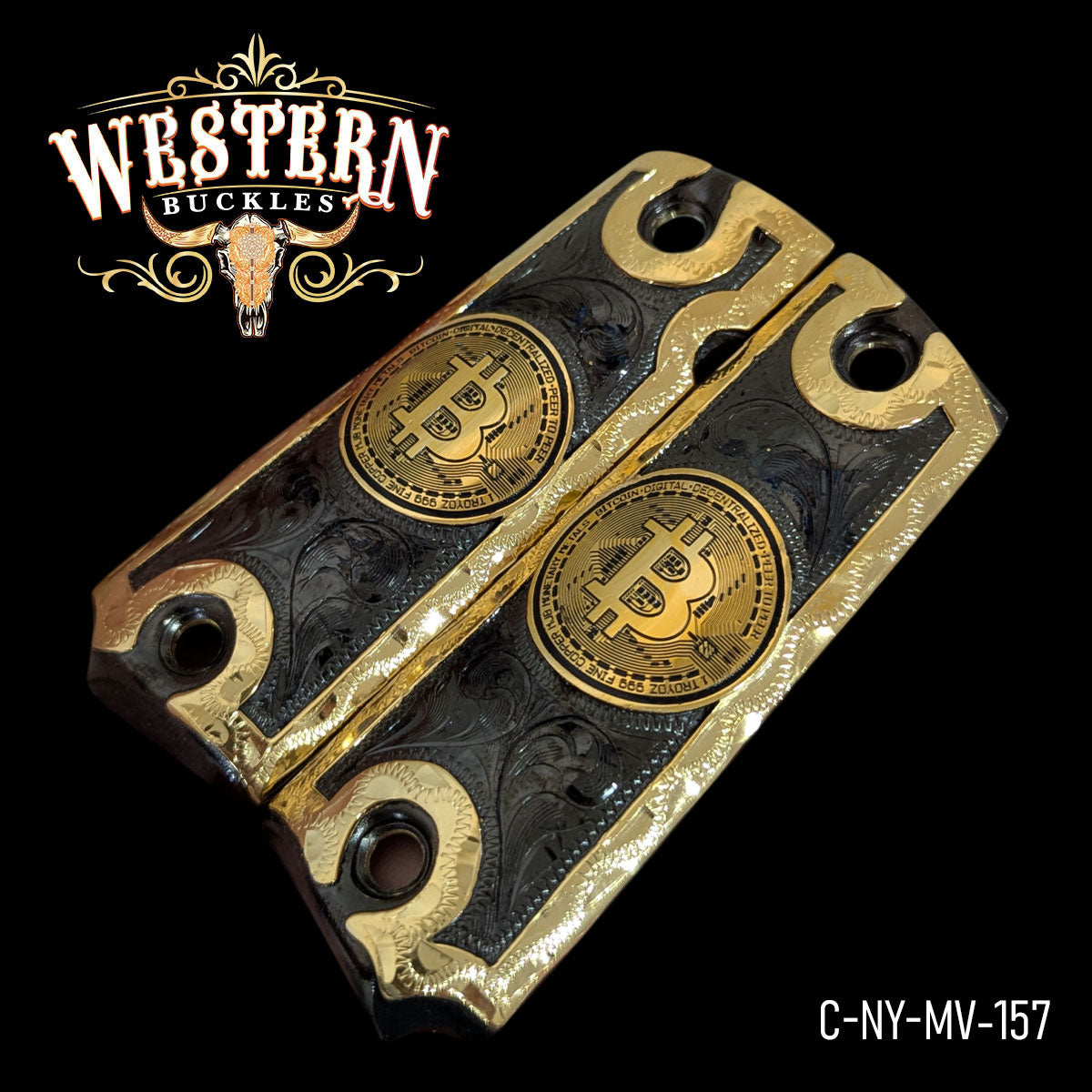 Custom Colt 1911 pistol grips with gold Bitcoin design and engraved western patterns