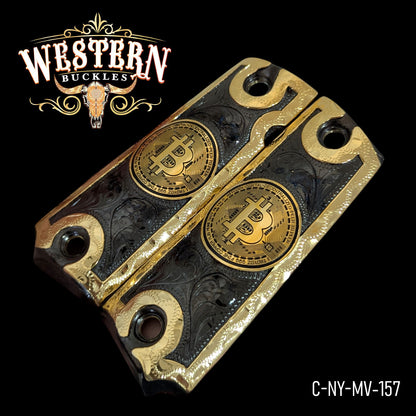 Custom Colt 1911 pistol grips with gold Bitcoin design and engraved western patterns